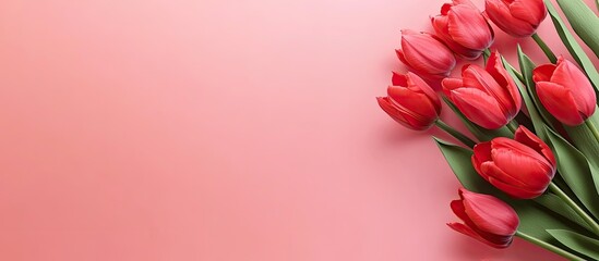 Poster - Banner featuring a bouquet of red tulips on a pastel pink background close up copy space text area Flower shop Greeting card Gift certificate Valentine s Day International Women s Day Mother s Day B