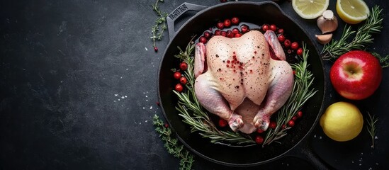 Leinwandbilder - Whole raw chicken in a skillet or cast iron pan with rosemary thyme lemon and red apples Prepared for cooking Culinary backdrop Copy space
