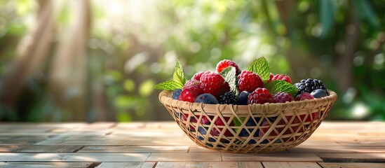 Aufkleber - Wicker bowl filled with various fresh ripe berries and mint on a wooden table outside room for text. with copy space image. Place for adding text or design