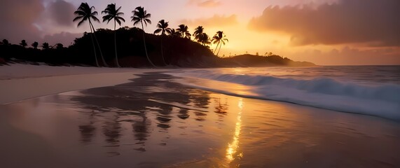 Wall Mural - A captivating palm beach scene featuring sunset reflections on tranquil waves along its shores