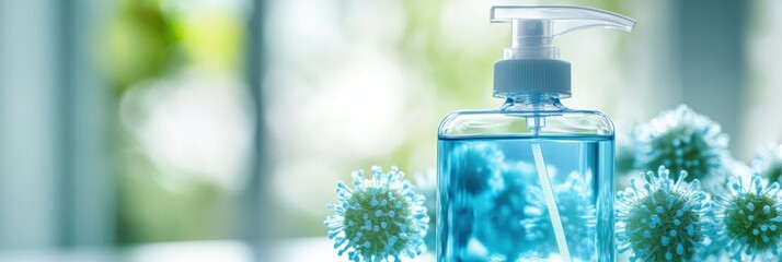 Aufkleber - Sanitizer droplets effectively eliminating bacteria in a clean indoor environment with natural light. Generative AI