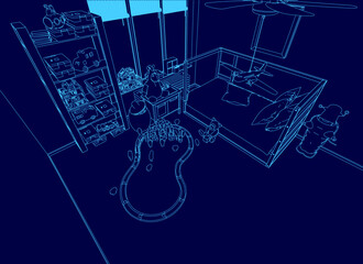 Poster - Blue drawing of a bedroom with a pool in the middle. The room is empty and the pool is small