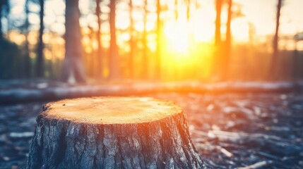 Wall Mural - Golden sunlight bathes a tree stump in a serene forest, highlighting the surrounding trees during early evening hours