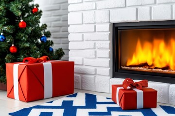 Wall Mural - A photostock of a cozy Christmas living room with a glowing fireplace, a decorated tree, and presents under soft ambient lighting, High Quality