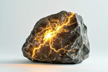 Poster - Rock with glowing lightning cracks on a plain background