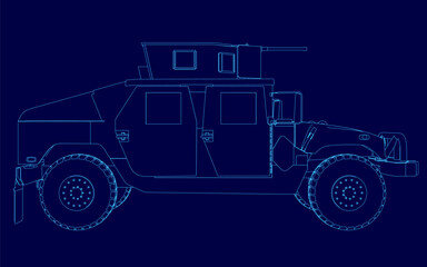 Poster - Blue drawing of a military vehicle. The vehicle is a Humvee and is shown in a blue style. Scene is serious and focused on the vehicle's design and features