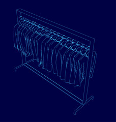 Poster - Blue image of a clothes rack with a row of clothes hanging on it. The clothes are all different colors and styles, and the rack is tall and narrow. Concept of organization and order