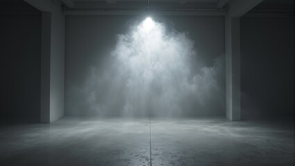 Surreal shadows in a minimalist room filled with smoke lit by a single overhead lamp