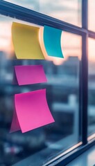 Poster - Colorful Sticky Notes on Glass, Representing Brainstorming and Idea Generation in a Modern Office