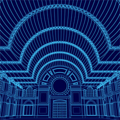 Poster - Blue drawing of a large building with a dome. The building is very large and has a lot of windows