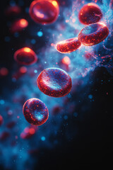 Poster - A microscopic close-up of human blood cells in a dynamic flow, showcasing vivid red tones and glowing blue highlights, isolated on a minimal backdrop,