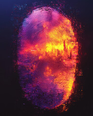 Poster - A detailed digital representation of a fingerprint in radiant pink, purple, and yellow tones, illuminated against a simple black canvas,