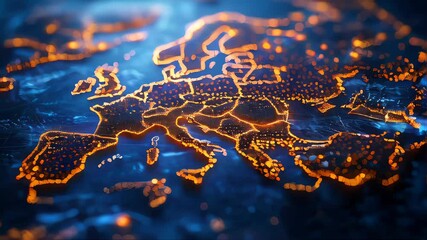 Poster - A glowing map of Europe illuminated by golden lights on a dark background, symbolizing connectivity and technology