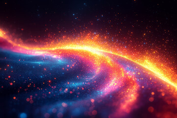 Poster - A colorful abstract rainbow trail with soft glowing edges and bokeh light effects, flowing dynamically across a dark background,