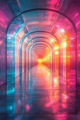 Poster - Endless corridor of colorful 3D cubes, reflecting vibrant shades of pink, orange, and blue, illuminated by a glowing sunset in the background, with a polished reflective floor,