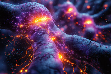 Poster - Neural network visualization with glowing synapses and electric impulses, showcasing vibrant purple and blue hues in a futuristic design,