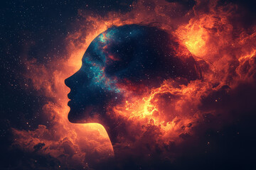 Poster - Abstract silhouette of a human head with a swirling galaxy inside, blending cosmic elements and vibrant colors, set against a dark background,