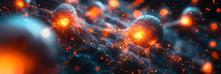 Poster - Abstract representation of brain neural pathways with glowing nodes and dynamic electric energy, featuring a dark background and colorful highlights,