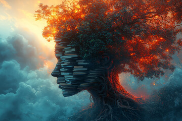 Poster - A surreal human head silhouette made of stacked books, with intricate roots and branches emerging, symbolizing knowledge and growth, against a glowing gradient background,