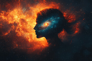 Poster - Abstract silhouette of a human head with a swirling galaxy inside, blending cosmic elements and vibrant colors, set against a dark background,