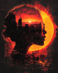 Poster - Vaporwave-inspired silhouette wearing angular sunglasses, set against a pixel-sun halved by a strong horizontal gradient,