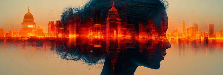 Poster - A vibrant architectural collage forming half of a human profile, integrating columns and domes in neon colors, on a smooth neutral fade,