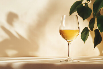 A stylish wine glass filled with golden liquid, elegantly placed against a soft background with green leaves.