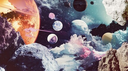 Wall Mural - A Cosmic Collage of Planets, Stars, and Nebulas