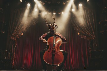 Aufkleber - Deer creatively playing cello on stage during an evening performance with dramatic lighting and curtains. Generative AI