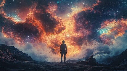 Wall Mural - A Solitary Figure Gazing at a Cosmic Firestorm