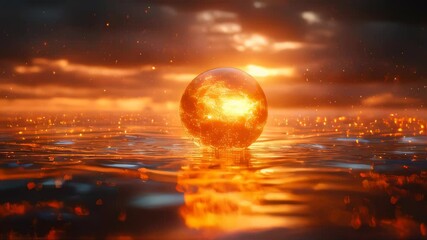 Poster - A luminous orange orb radiates light on a reflective surface amidst a backdrop of blurred glowing lights, creating a magical, ethereal scene