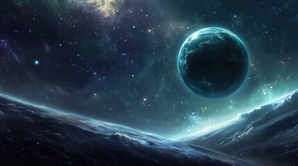 Wall Mural - a celestial landscape with a large blue planet and starry sky