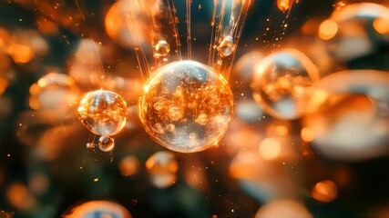 Poster - Floating golden spheres illuminated with warm light in a magical, ethereal setting, creating a dreamy and otherworldly atmosphere