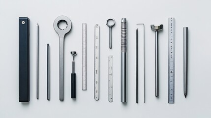 Wall Mural - Precision metal tools and rulers arranged on a white background.