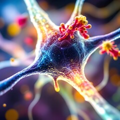 Poster - Microscopic cell structure with glowing neon colors and textured details
