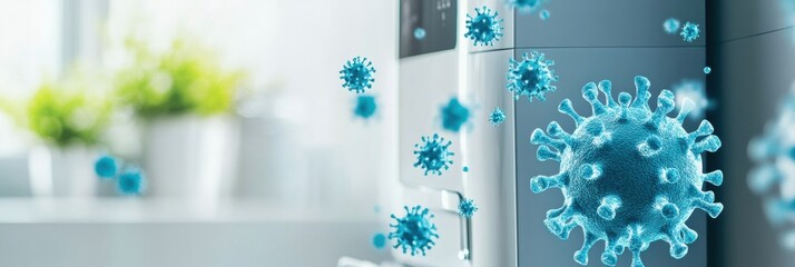 Aufkleber - Droplets of sanitizer in action destroying bacteria in a clean and bright indoor space during daylight. Generative AI