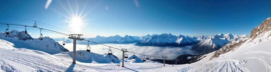 Wall Mural - Stunning winter panorama at Tonale ski resort. View of Italian Alps. Snowy mountains and a chairlift are visible. Sunny day with clear blue sky. Tourists might be skiing or snowboarding.