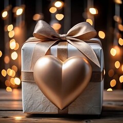 Canvas Print - Festive Valentine's Day template with 3D heart, gift on bokeh effect background.