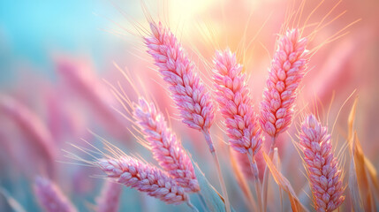 Poster - A softly lit wheat ear glinting under a pastel sky, blending pale pink into a cool turquoise,