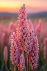 Poster - Crisp focus on a golden wheat tip, receding into a calm pastel sunrise blend of muted pink and faint baby-blue,
