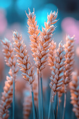 Aufkleber - Crisp details of wheat kernels, floating before a dreamy bokeh of faint pink and pastel aqua,