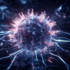 Poster - Detailed 3D visualization highlights virus structure including capsid, spikes, and glowing RNA strands. Generative AI