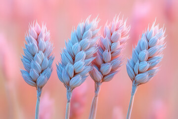 Poster - Trio of wheat stalks fanning out gently, on a satinlike pastel background shifting from pale pink to mellow aqua,