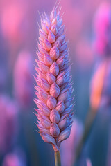 Poster - Light-tinged golden wheat ear, gently popping against a milky gradient from soft pastel pink to ghostly blue,