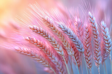 Poster - Layered composition of overlapping wheat tips, set against a calm pastel swirl in pink-lavender to subtle turquoise,