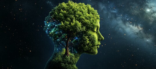Poster - Nature s Wisdom Glowing Tree in Human Head Shape, Cosmic Background, Abstract Digital Art