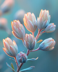 Poster - a cluster of pale violet buds partially opening, displayed on a smooth, out-of-focus green gradient 