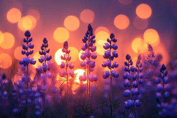 Poster - A near-silhouette of purple blossoms backlit by delicate green orbs, creating a magical sunrise effect,