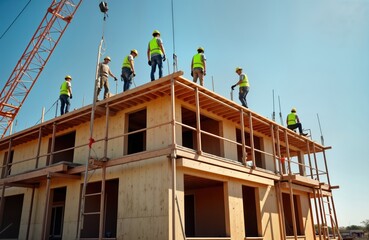 Construction workers in Arizona build multi-story apartment complex. Work high atop wooden structures using scaffolding. Crane visible. Project takes place in East Mesa. Team of skilled professionals