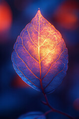 Poster - Macro of a leafâ€™s veiny surface glowing under a bluish-purple hue, receding into a gentle peachy blur,